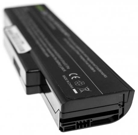 Lithium-Ionen-Laptop-Akku, schwarz, mit Informationsetikett und Symbolen für Recycling und Entsorgung.