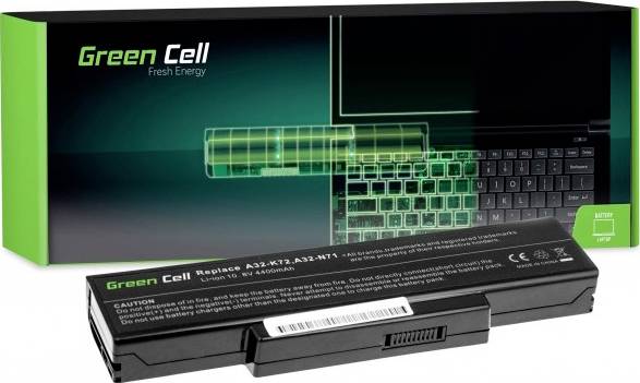Eine Ersatzakku-Verpackung der Marke 'Green Cell' mit einem Foto des Akkus und einem grünen Laptop-Design auf der Vorderseite.