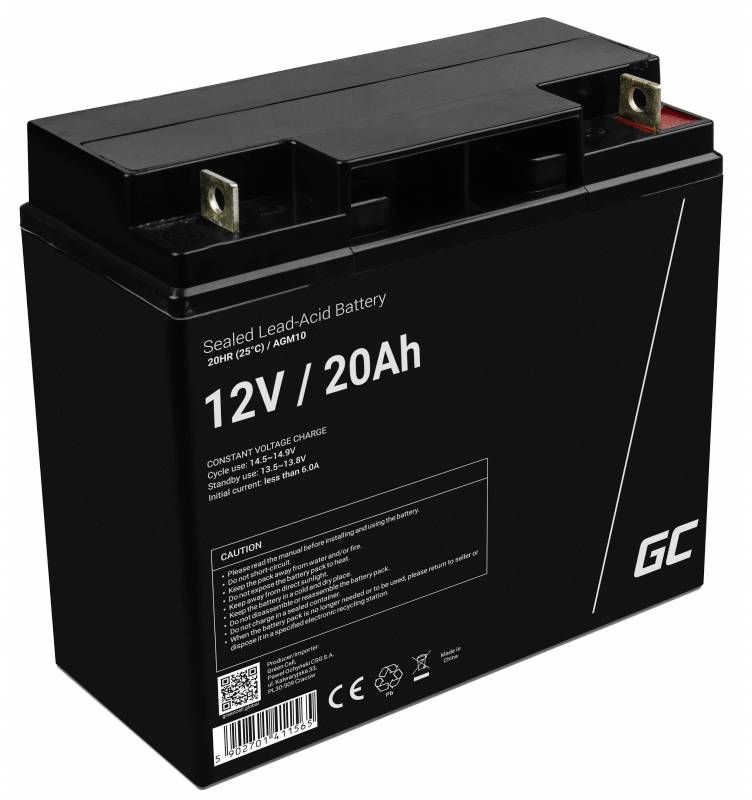 'Blei-Säure-Batterie' mit Spezifikationen: 12V, 20Ah. Aufschrift 'Constant Voltage Charge' zeigt Wichtigkeit in Elektronikbereich.