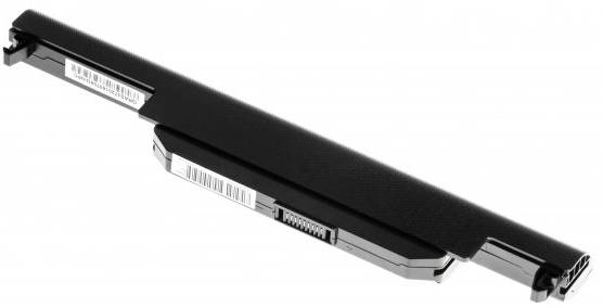 Ein schwarzer Laptop-Akku mit weißen Barcode-Etiketten ist abgebildet.