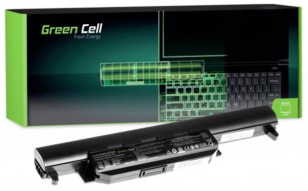 Akkupack von Green Cell vor seiner Verpackung. Die Verpackung zeigt ein stilisiertes Bild eines Laptops mit einer leuchtenden Batterieanzeige.