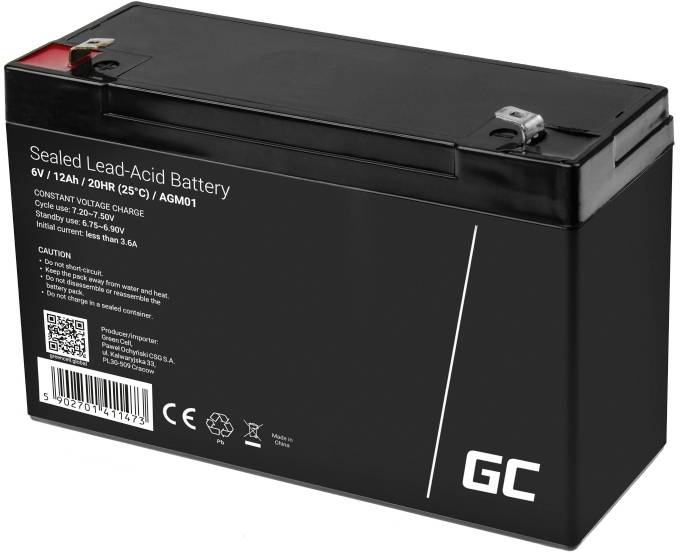 Schwarze, versiegelte Blei-Säure-Batterie mit 6V und 12Ah Kapazität. Aufschrift: Technische Spezifikationen und Sicherheitswarnungen in Weiß.