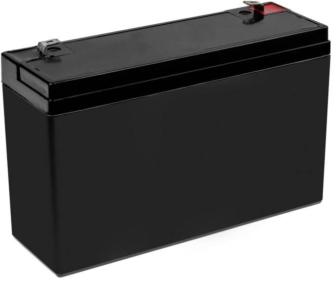 Schwarze rechteckige Batterie mit Metallkontakten oben, typischerweise verwendet für Elektrogeräte oder Fahrzeuge.