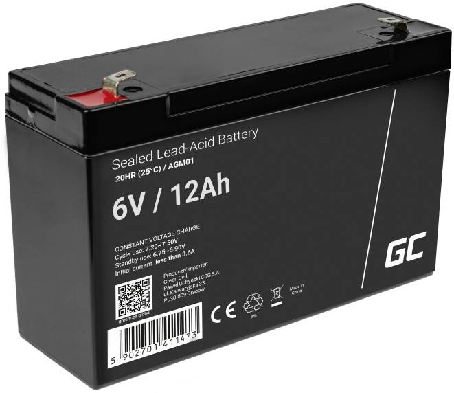 Schwarze, versiegelte Blei-Säure-Batterie, 6V, 12Ah, mit Spezifikationen und Symbolen auf der Vorderseite.