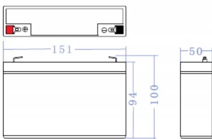 Diagramm einer rechteckigen Batterie mit den Maßen: Länge 151 mm, Höhe 100 mm, Breite 50 mm. Pole sind oben markiert, rot für positiv.