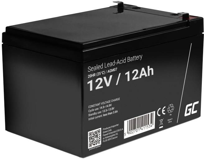 Abbildung einer versiegelten Bleisäurebatterie mit der Aufschrift '12V/12Ah'. Markenlogo und Symbole für Entsorgung und Warnhinweise sichtbar.