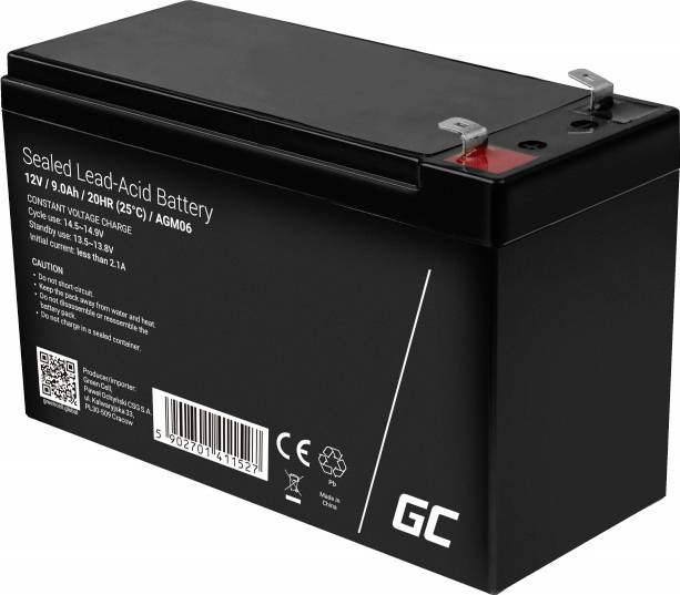 Schwarze versiegelte Blei-Säure-Batterie mit Spezifikationen und Warnhinweisen aufgedruckt. Spannung: 12V, Kapazität: 9Ah, AGM-Technologie.