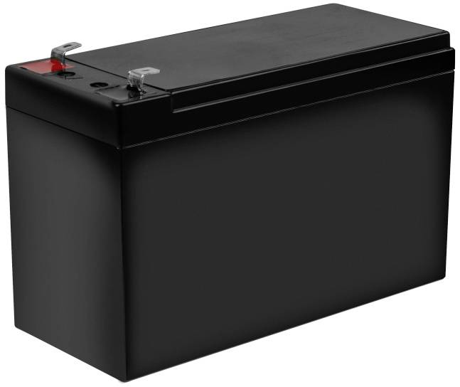Schwarzer rechteckiger Akku mit Anschlüssen oben links. Nutzen: Energieversorgung für elektronische Geräte.