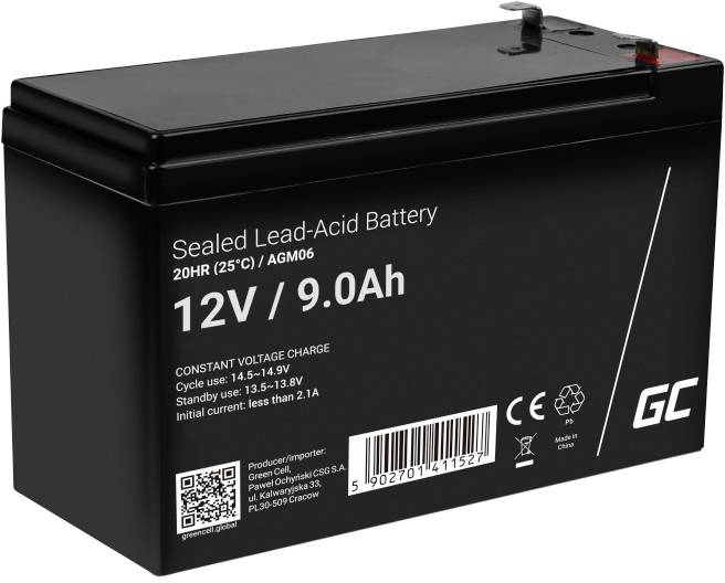 Schwarze Blei-Säure-Batterie mit 12V, 9.0Ah. Enthält technische Informationen: Spannung, Kapazität und Herstellerhinweise.