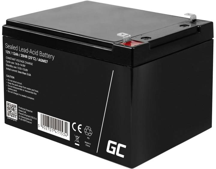 Schwarze versiegelte Blei-Säure-Batterie, 12V 12Ah, mit Marken- und Sicherheitsinformationen auf der Vorderseite.