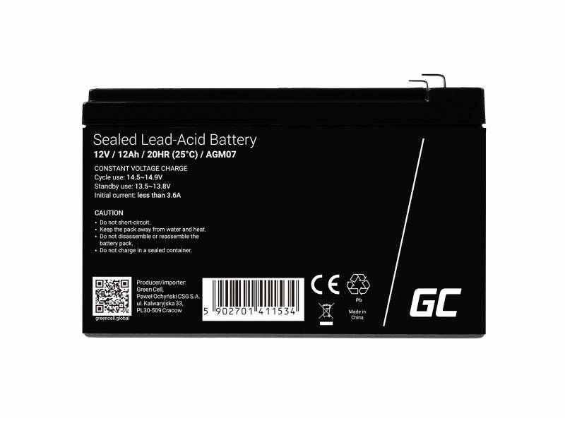 Eine versiegelte Blei-Säure-Batterie, 12V, 12Ah, für zyklische Spannungsladung 14,5–14,9V. Aufschrift: Vorsichtshinweise und Herstellerinformation.