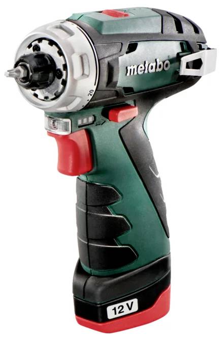 Ein 12V-Akkuschrauber von Metabo mit ergonomischem Design und grün-schwarzer Farbgebung. Ideal für leichte bis mittelschwere Arbeiten.