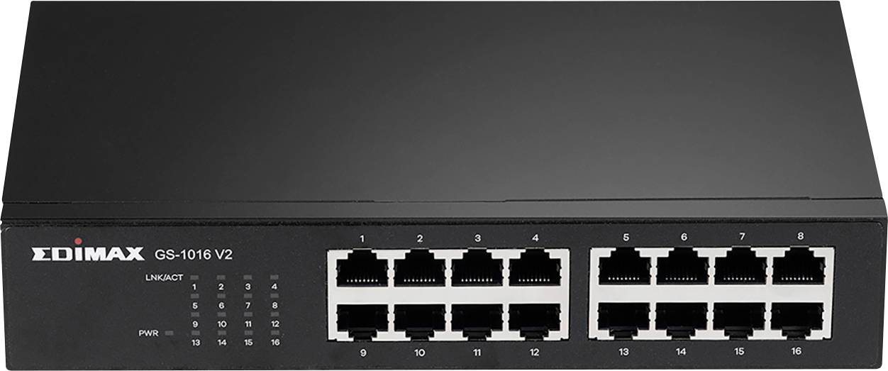 Ein schwarzer Netzwerk-Switch der Marke Edimax mit 16 Ethernet-Ports, Modell GS-1016 V2.