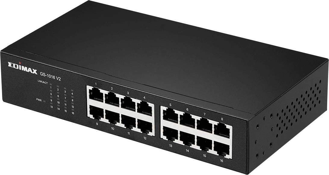 Ein schwarzer Netzwerk-Switch mit sechzehn Ethernet-Ports. Markierung oben links zeigt 'Edimax GS-1016 V2'. Nutzbar für einfache Netzwerkverbindungen.