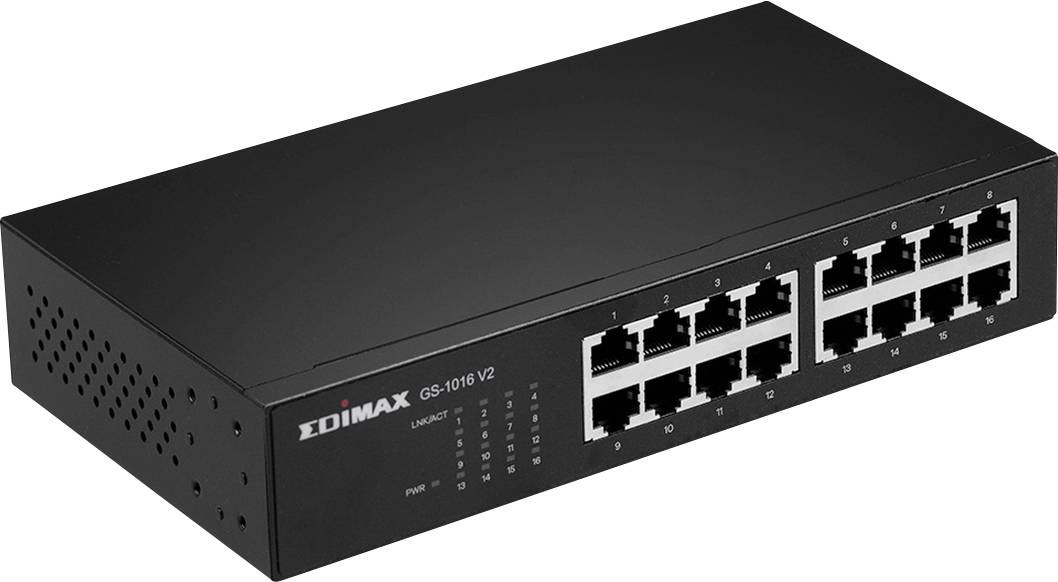 Ein schwarzer Netzwerk-Switch mit 16 Ethernet-Ports, geeignet für die Verbindung mehrerer Geräte in einem Netzwerk.