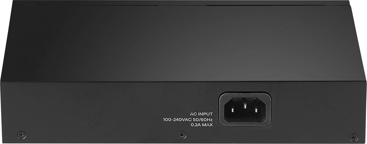 'Schwarzes elektronisches Gerät mit Stromanschluss auf der Rückseite. Beschriftung: "AC Input 100-240V AC 50/60Hz 0.2A Max."'