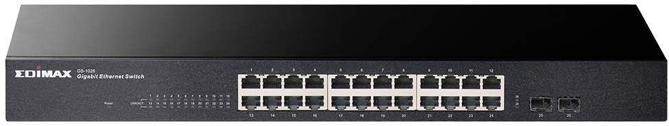 Ein schwarzer 24-Port-Gigabit-Ethernet-Switch der Marke Edimax. Er hat Anzeigelichter und Anschlüsse für Netzwerkkabel.