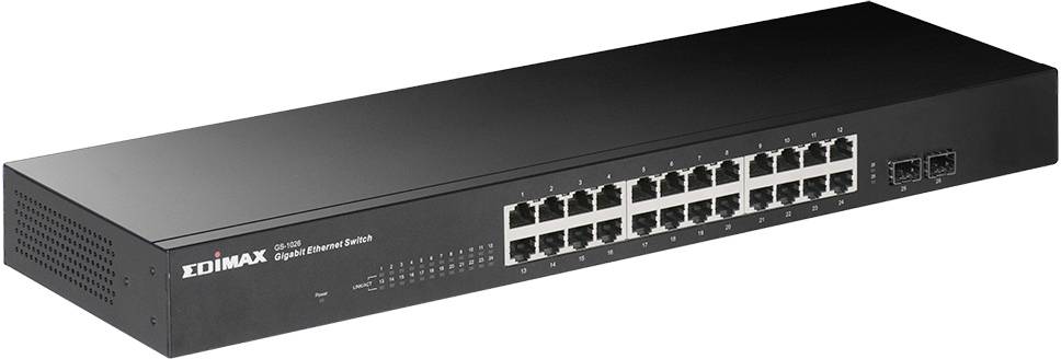 Ein schwarzer Ethernet-Switch mit 24 Ports und Markenlogo auf der linken Seite. Ideal für Netzwerkverbindungen.