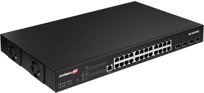 Schwarzer Netzwerkswitch mit 24 RJ45-Ports und 4 zusätzlichen SFP-Ports. Markierung 'Edimax Pro'. Geeignet für professionelle Netzwerkinstallationen.
