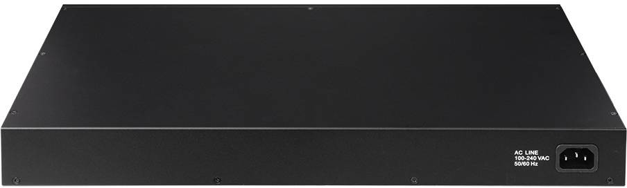 Ein schwarzes, rechteckiges elektronisches Gerät aus Metall, möglicherweise ein Server oder eine Netzwerkausrüstung, mit einem Netzanschluss rechts hinten.