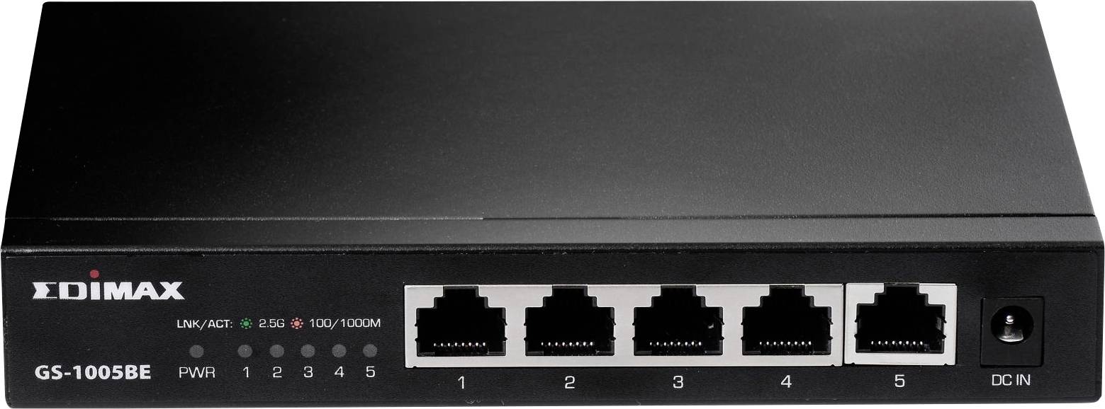 Ein schwarzer Netzwerk-Switch mit fünf Ethernet-Anschlüssen, beschriftet von 1 bis 5. Lichter zeigen den Verbindungsstatus an.