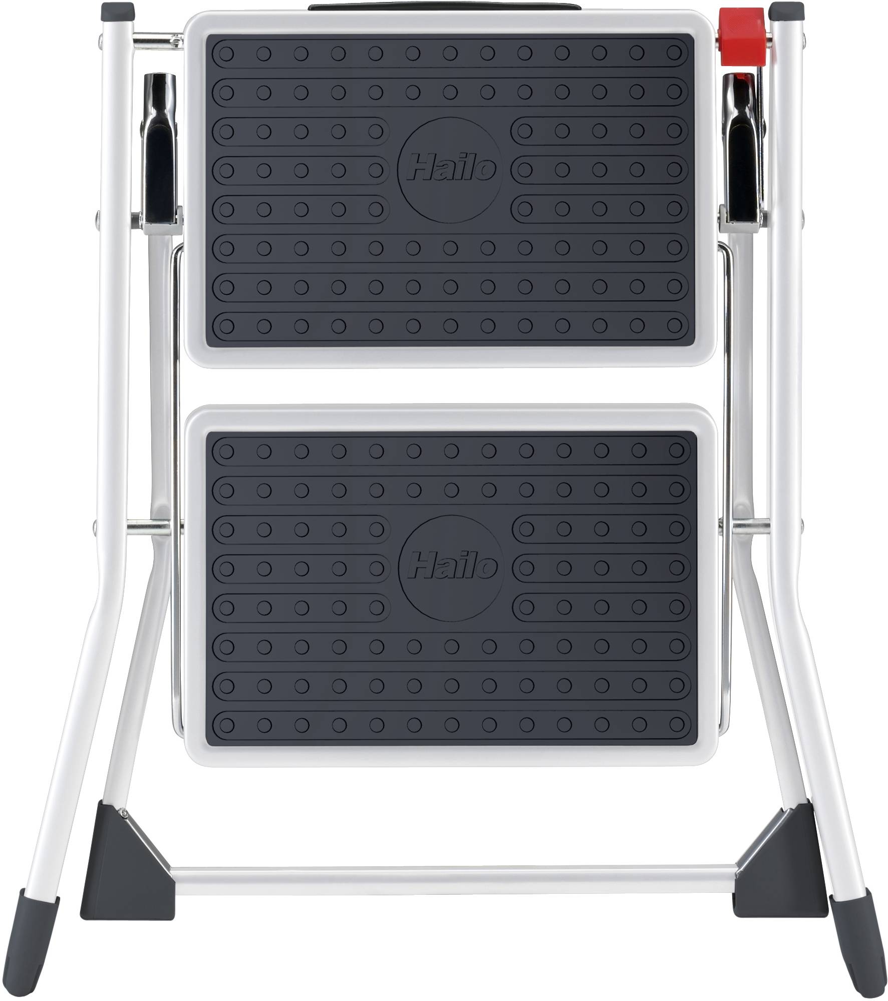 Metall-Klapptritt mit zwei schwarzen Stufen, rutschfeste Oberfläche, kompakt zusammenklappbar, geeignet für den Hausgebrauch.