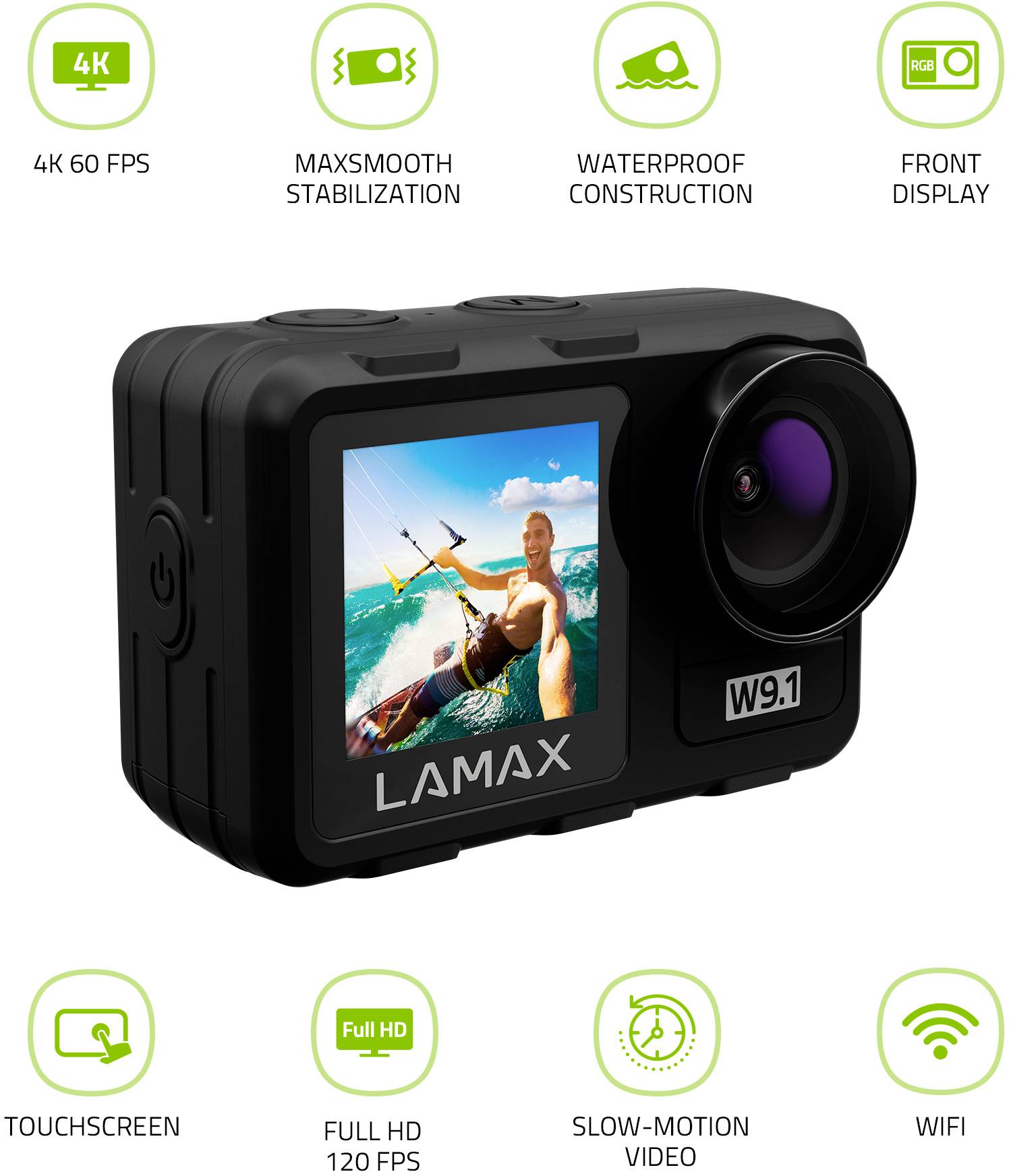 Lamax W9.1 Action Cam 4K, inkl. Stativ, Wasserfest, Zeitraffer, Zeitlupe, Stoßfest, WLAN, Dual-Display
