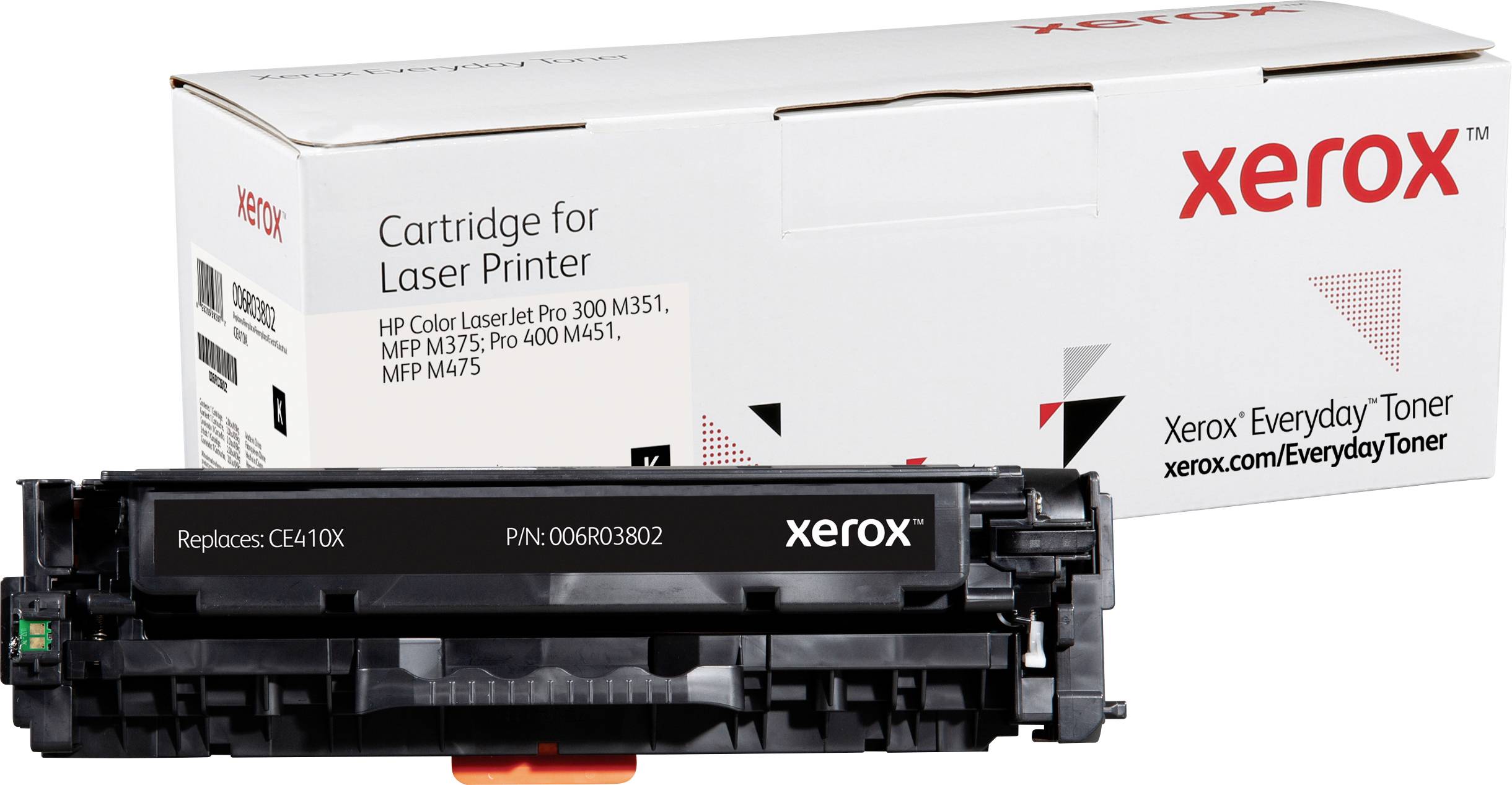 Xerox Laserdrucker-Tonerkartusche vor einer Verpackung. Kompatibel mit verschiedenen HP LaserJet Druckermodellen, z. B. MFP M375.