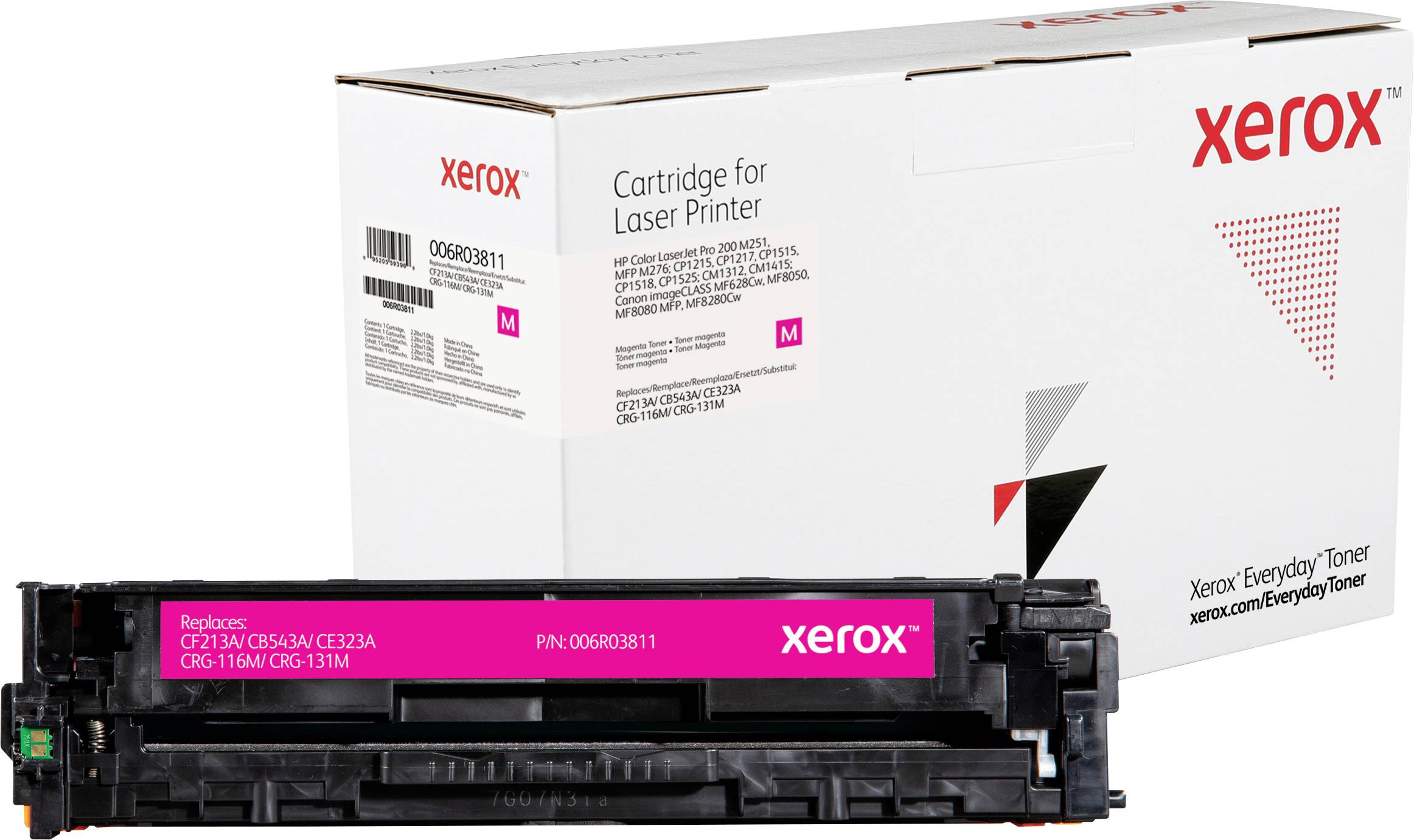 Xerox Magenta-Tonerkassette für Laserdrucker vor einer passenden Verpackung mit Produktinformationen.