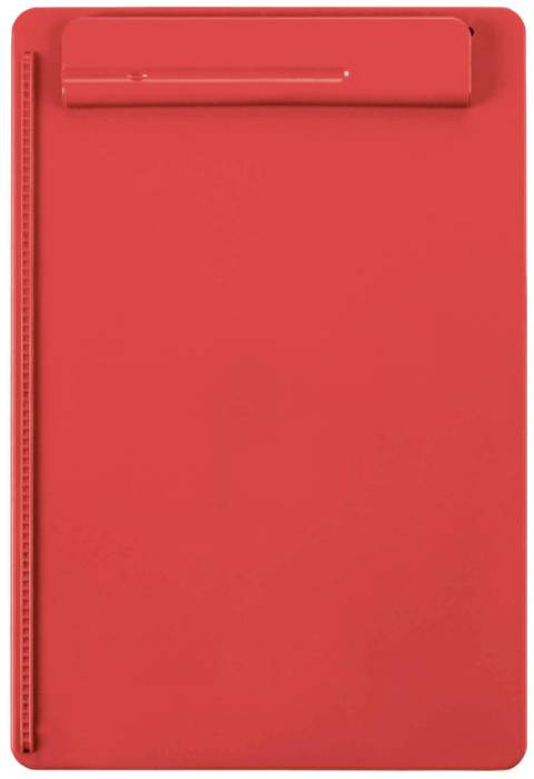 Rote Klemmbrett aus Plastik ohne sichtbare Aufschriften oder Papiere.