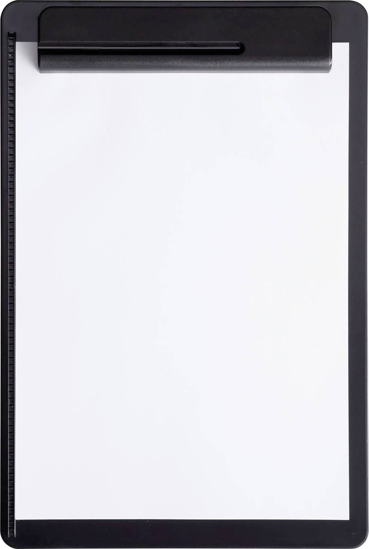 Schwarzes Klemmbrett mit leerem weißen Papier, bereit zum Schreiben oder Zeichnen.