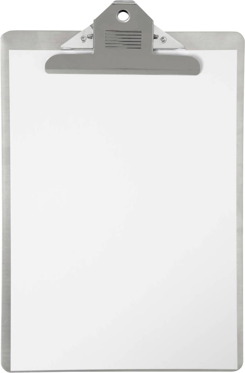 Ein leeres Klemmbrett mit grauem Clip oben.