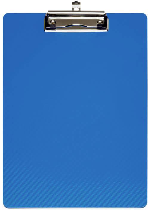 Ein blaues Klemmbrett mit einer Metallklammer oben zur Befestigung von Papier.