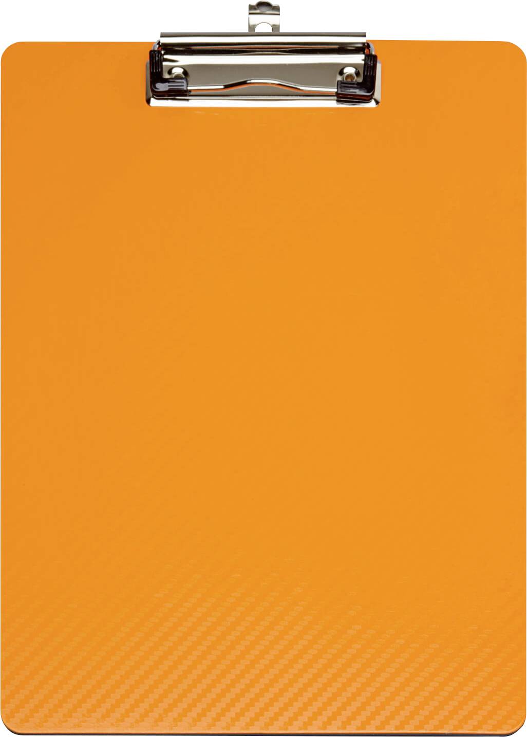 Ein leeres, oranges Klemmbrett mit einer Metallklammer oben, vor einem weißen Hintergrund.