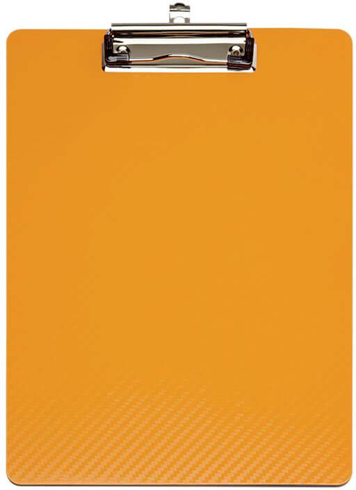 Orangefarbener Klemmbrett mit Metallklammer oben; keine sichtbaren Notizen oder Papiere.
