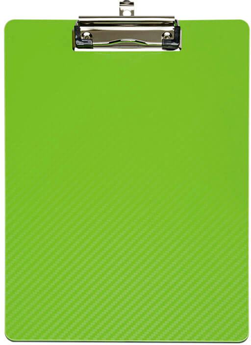 Grünes Klemmbrett mit metallischer Klammer am oberen Rand, auf weißem Hintergrund.