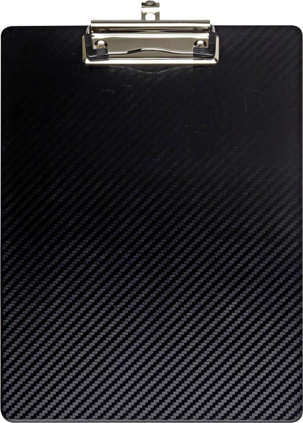 Ein schwarzes Klemmbrett mit einer metallischen Klemme oben, Oberfläche mit Karbonoptik.