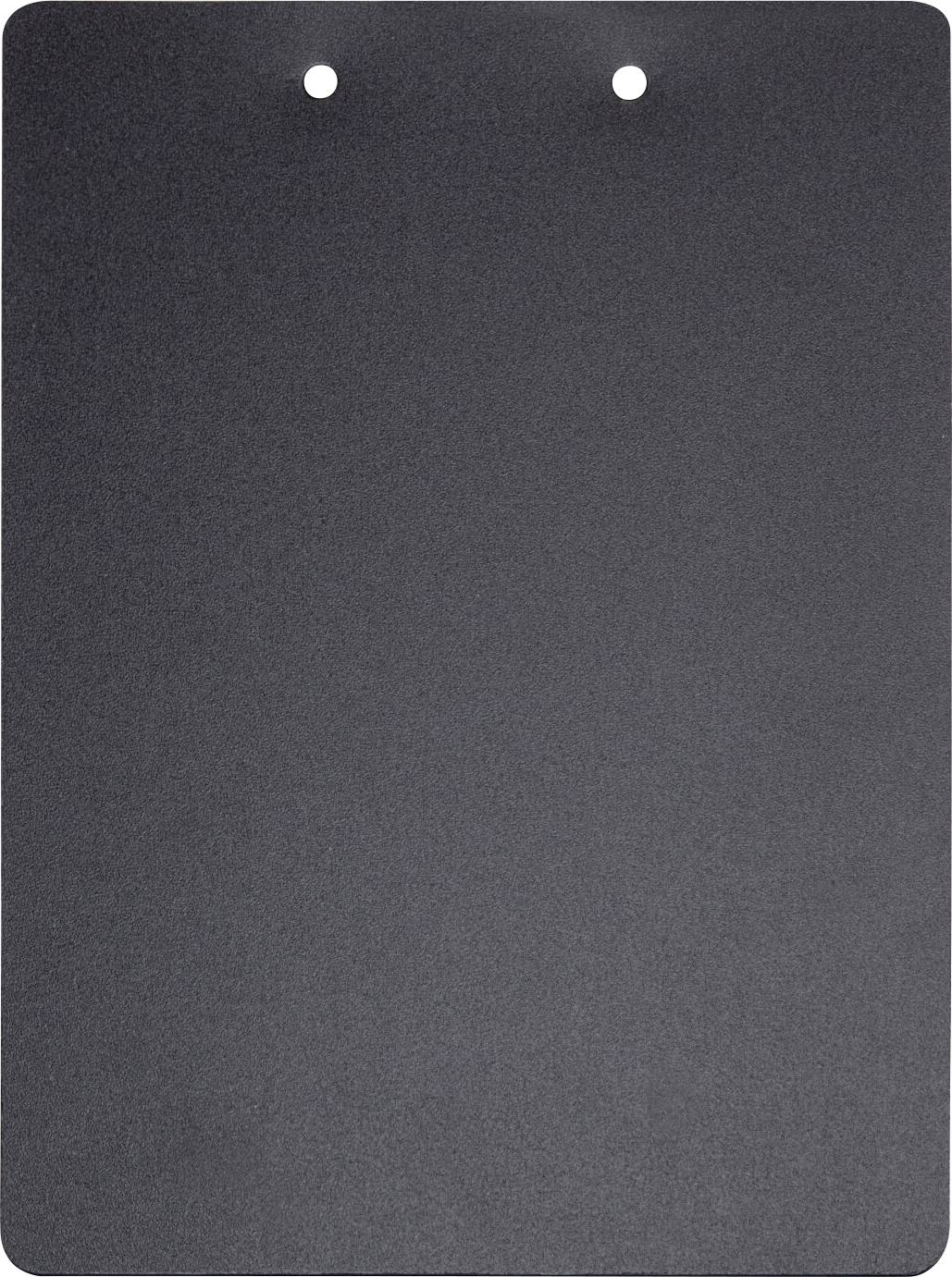 Ein schwarzes Klemmbrett mit zwei Löchern oben zur Befestigung von Papier, ohne sichtbare Papiere darauf.