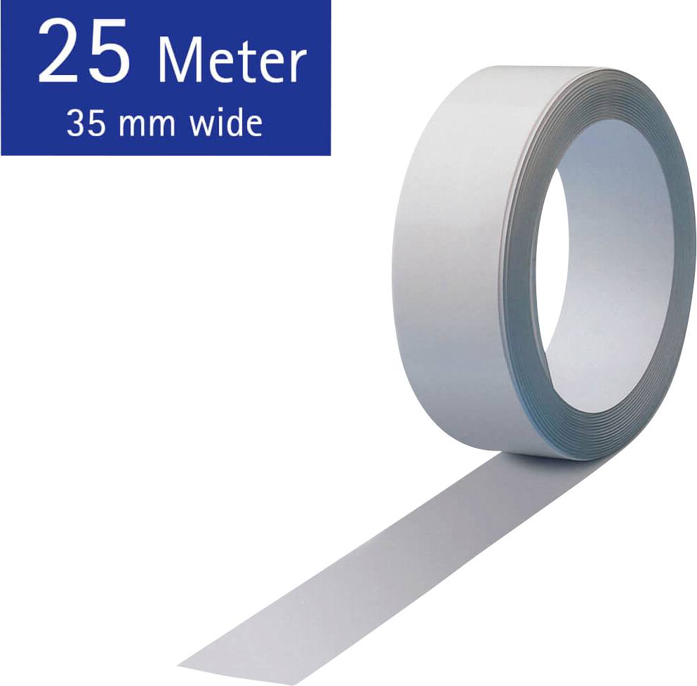 '25 Meter, 35 mm breit' steht oben links. Abgebildet ist eine Rolle graues Klebeband, das von rechts nach links abgerollt ist.