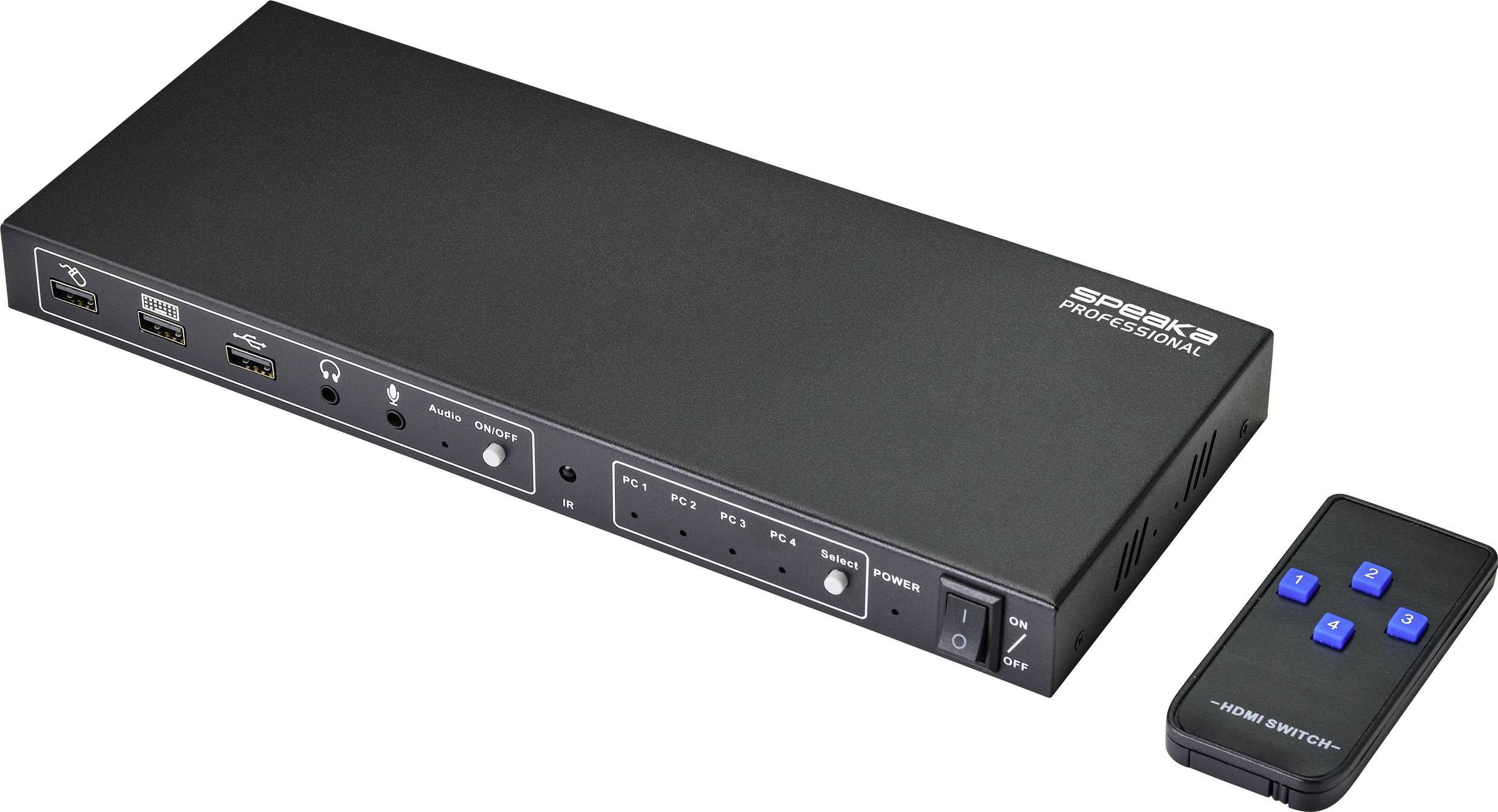 Ein schwarzer HDMI-Switch mit vier Tasten und Fernbedienung, geeignet zum Verbinden mehrerer Geräte mit einem Display.
