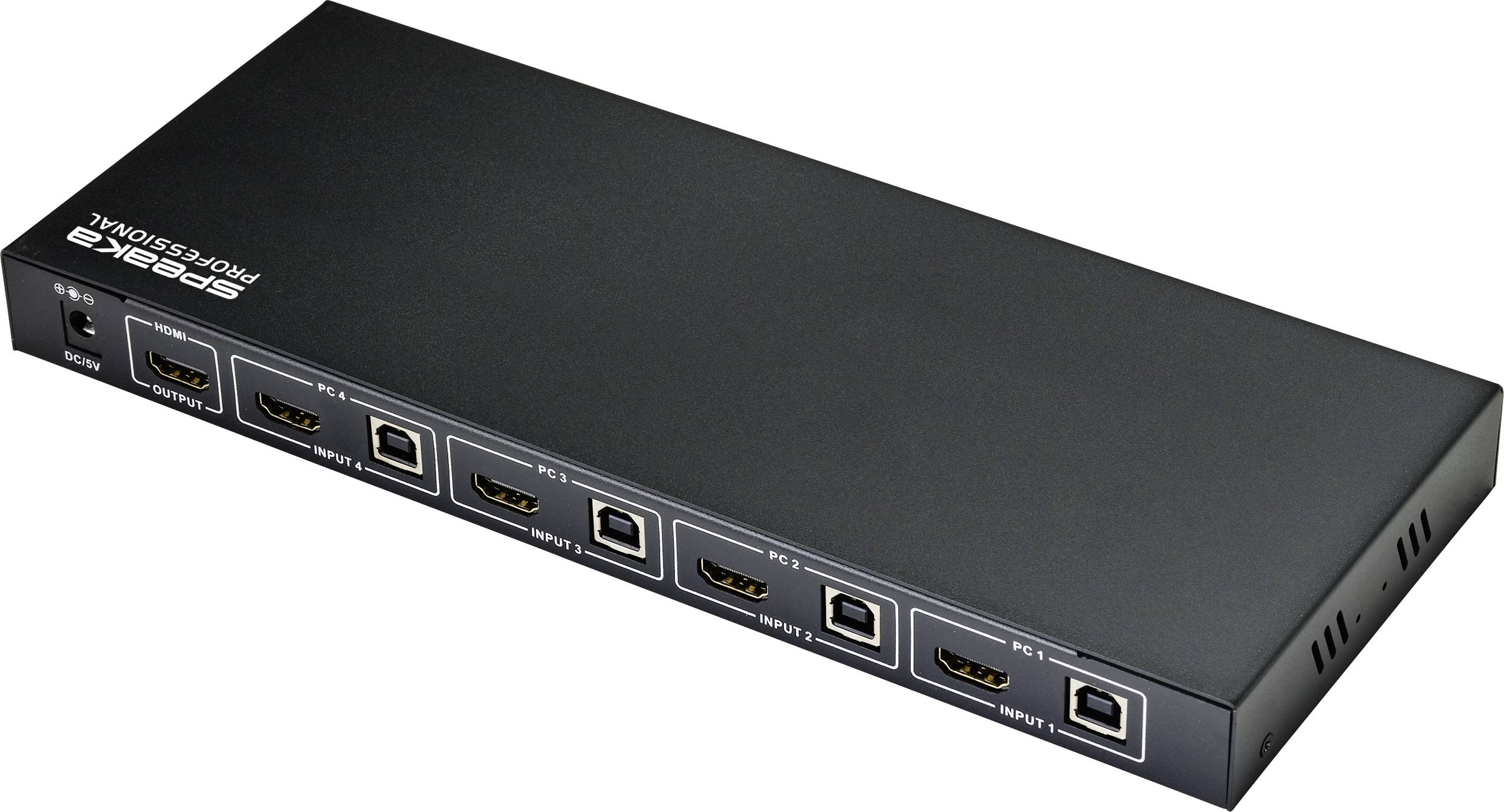 Ein schwarzer HDMI-Switch mit mehreren Eingangs- und Ausgangsanschlüssen. Markierung 'Sewell Direct' auf der Oberseite.