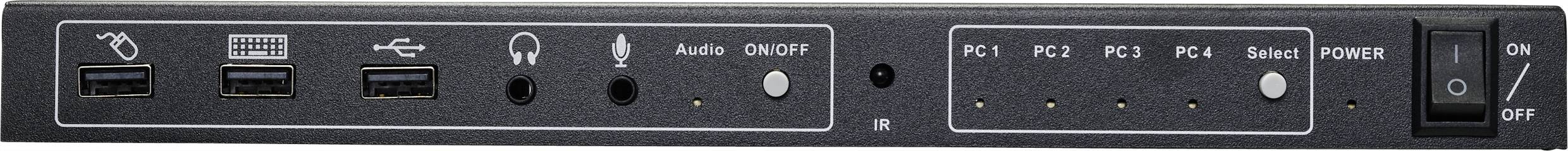 Ein KVM-Switch mit vier USB-Anschlüssen, Audio-Eingang und -Ausgang, sowie PC-Auswahltasten. Rechts befindet sich ein Ein/Aus-Schalter.
