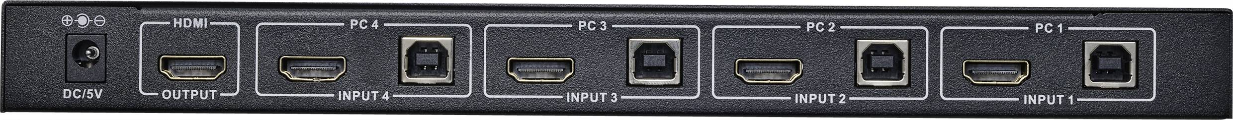 Sechs HDMI-Anschlüsse mit Beschriftungen 'Output' und 'Input 1-5', sowie Ein-/Ausschalter und DC-Stromanschluss an einem Gerät.