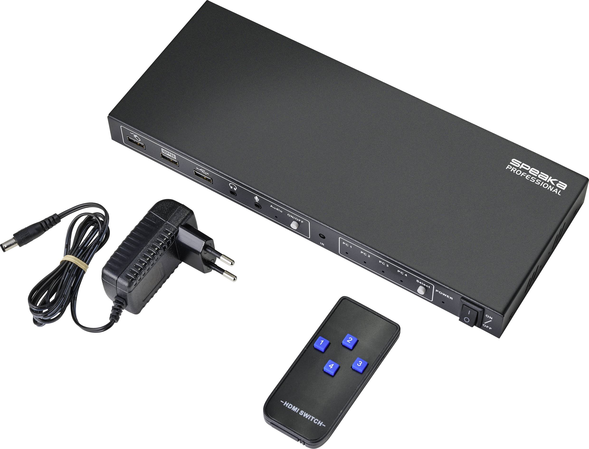 Ein HDMI-Umschalter liegt neben einem Netzkabel und einer Fernbedienung. Der Umschalter hat mehrere HDMI-Anschlüsse für Geräte.