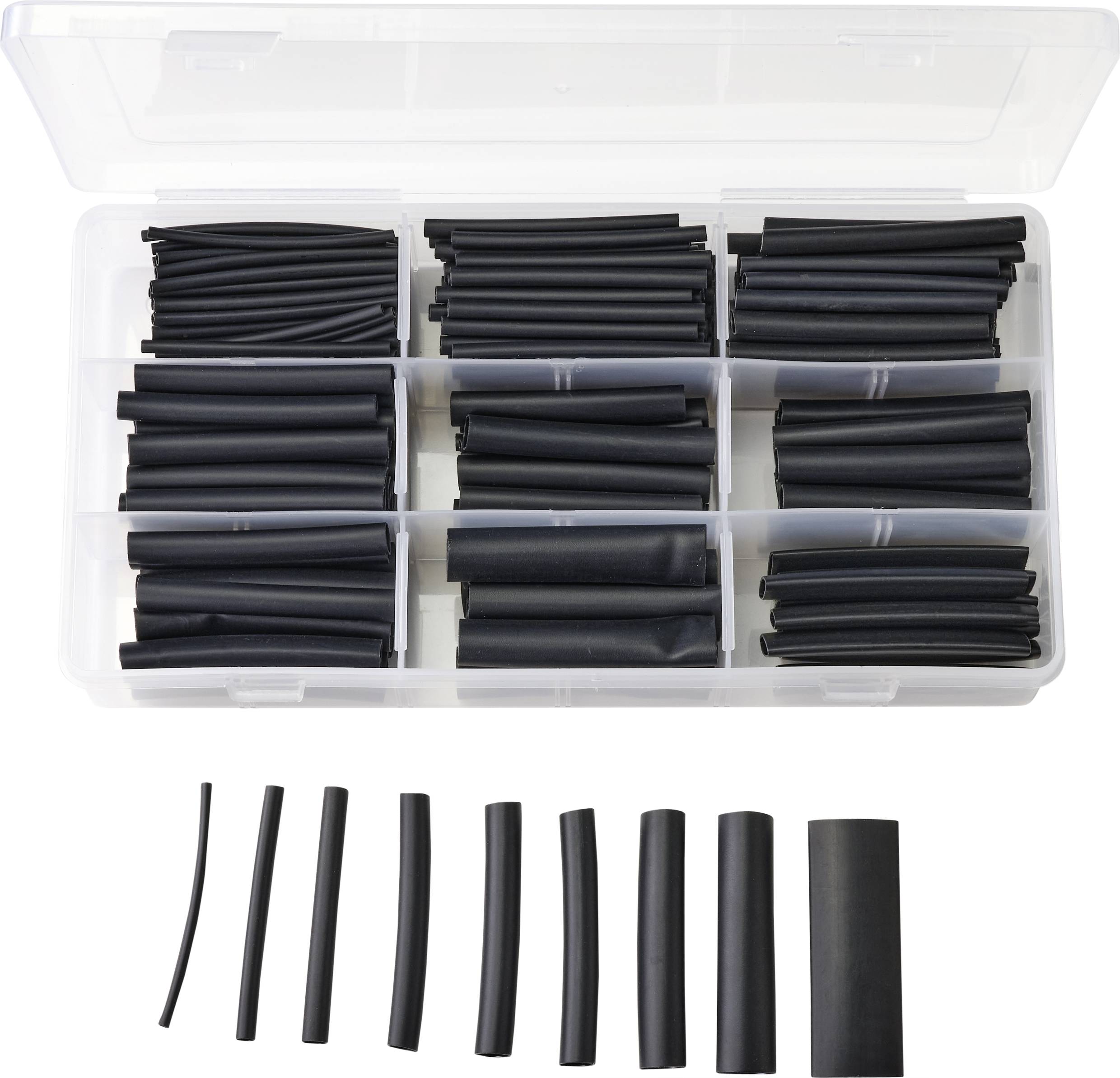 Schwarze Schrumpfschläuche in verschiedenen Größen in einem durchsichtigen Kunststoffbehälter.