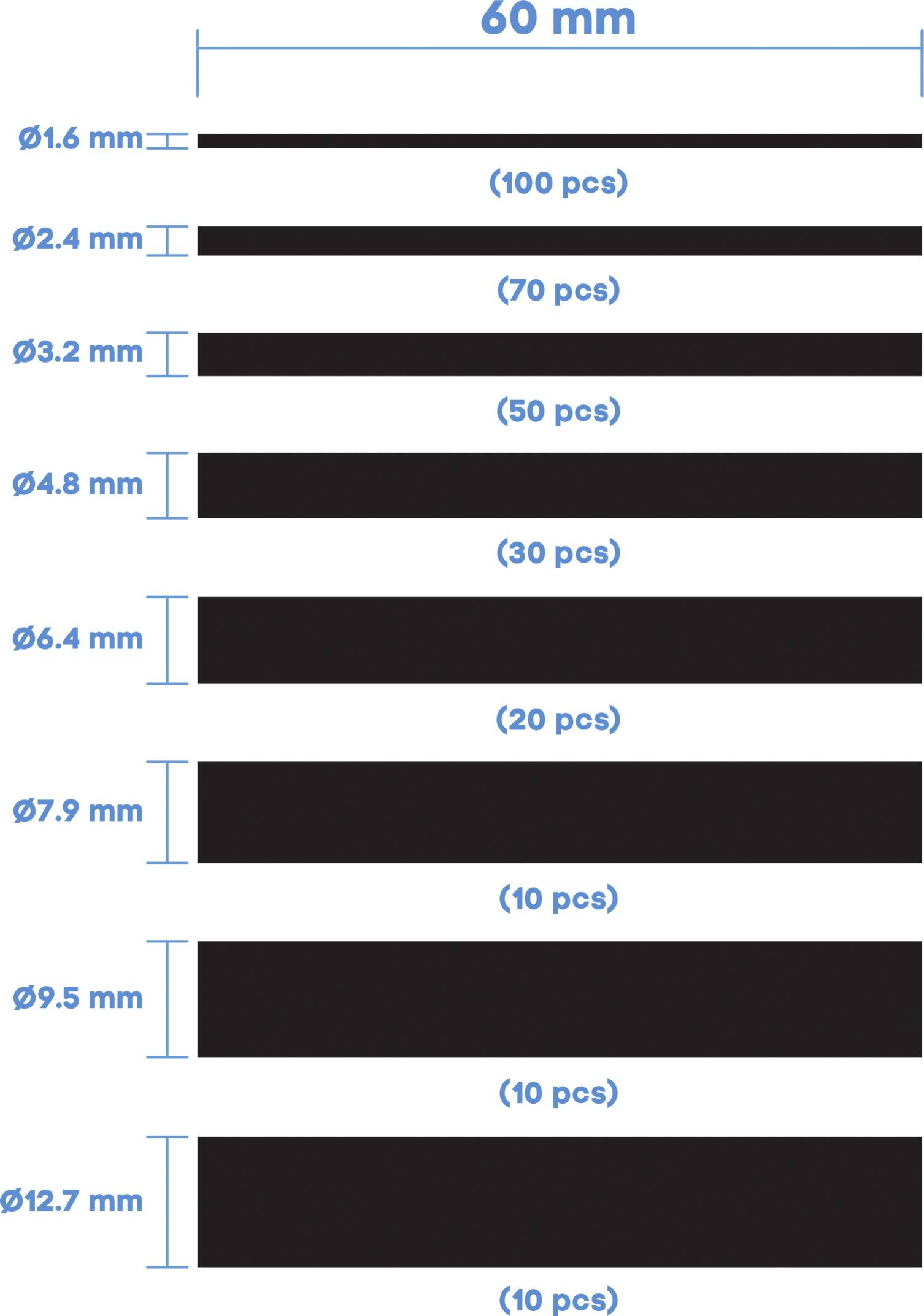 Bohrerset mit verschiedenen Durchmessern: 1,6 mm, 2,4 mm, 3,2 mm, 4,8 mm, 6,4 mm, 7,9 mm, 9,5 mm, 12,7 mm. Jeweils 60 mm Länge.