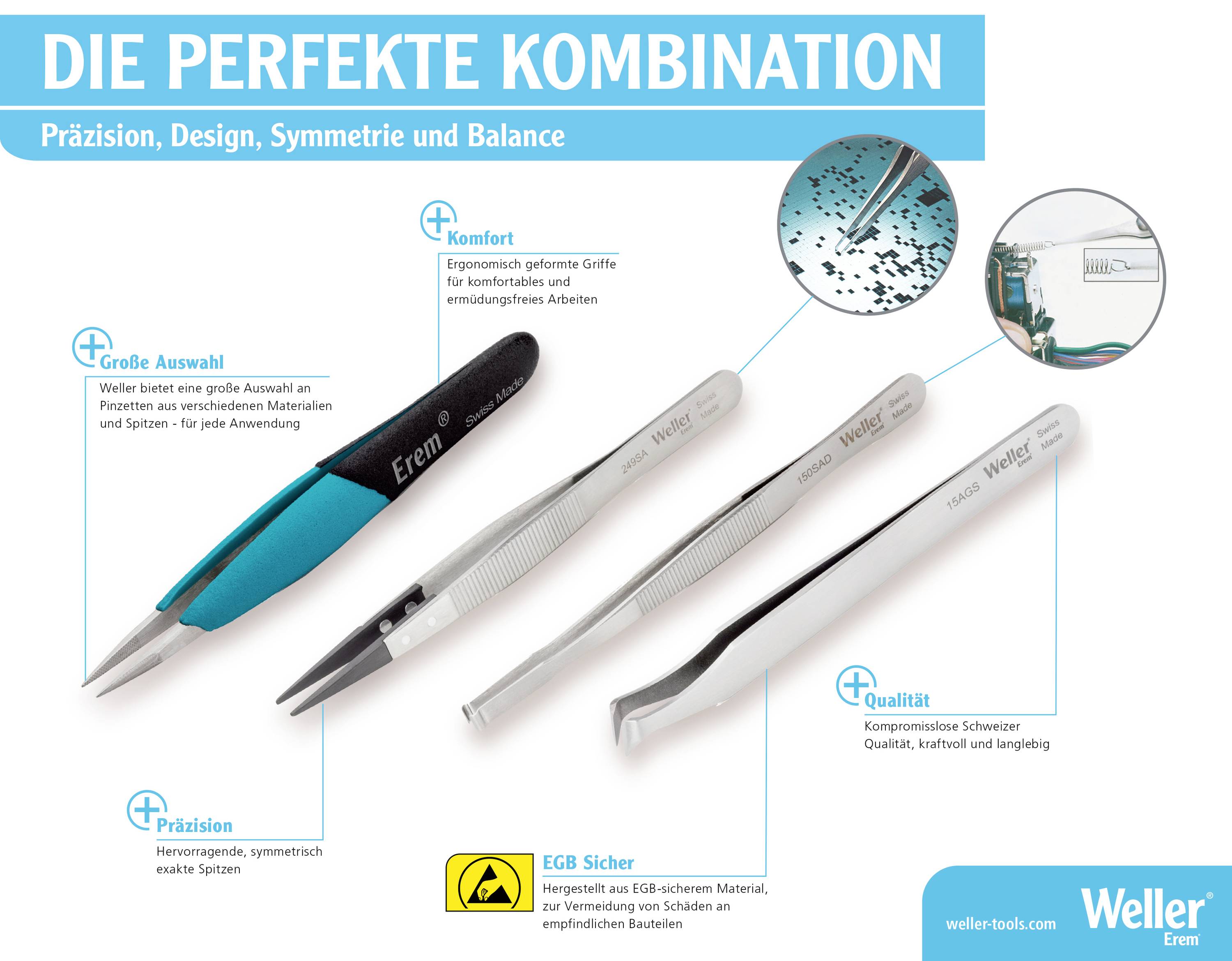 'Die perfekte Kombination' von Präzision, Design, Symmetrie und Balance. Beschreibung von Erem Pinzetten mit Fokus auf Auswahl, Komfort und Qualität.