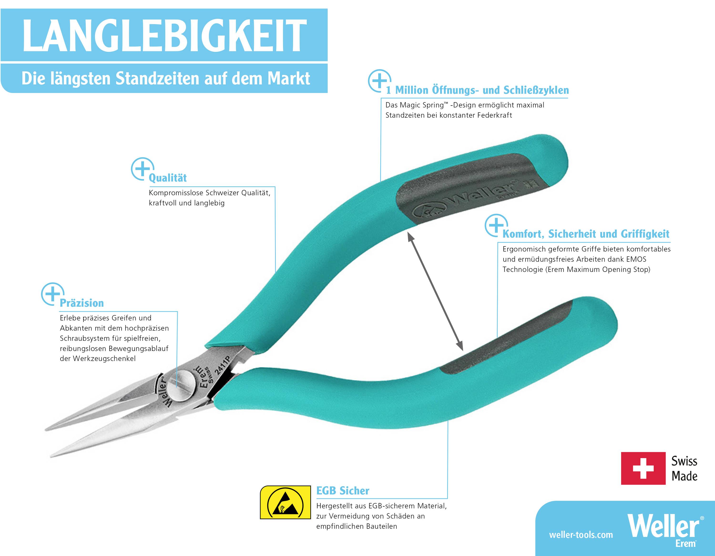 Zange mit blauen Griffen und Sicherheitsmechanismus, betont auf Langlebigkeit, Präzision und Komfort. Geeignet für EGB-Anwendungen.