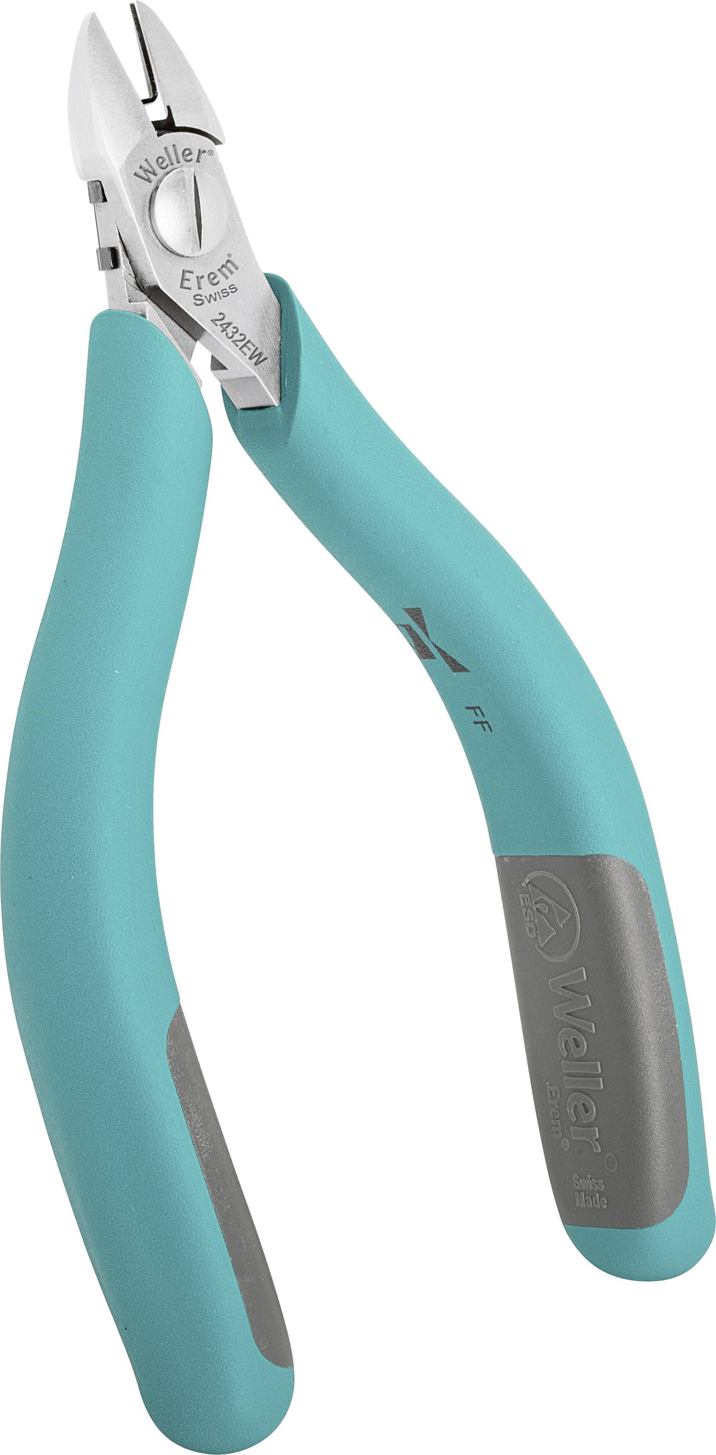 Zange mit blauen Griffen, geeignet für präzise Schneidearbeiten, trägt die Aufschrift 'Weller Erem'.