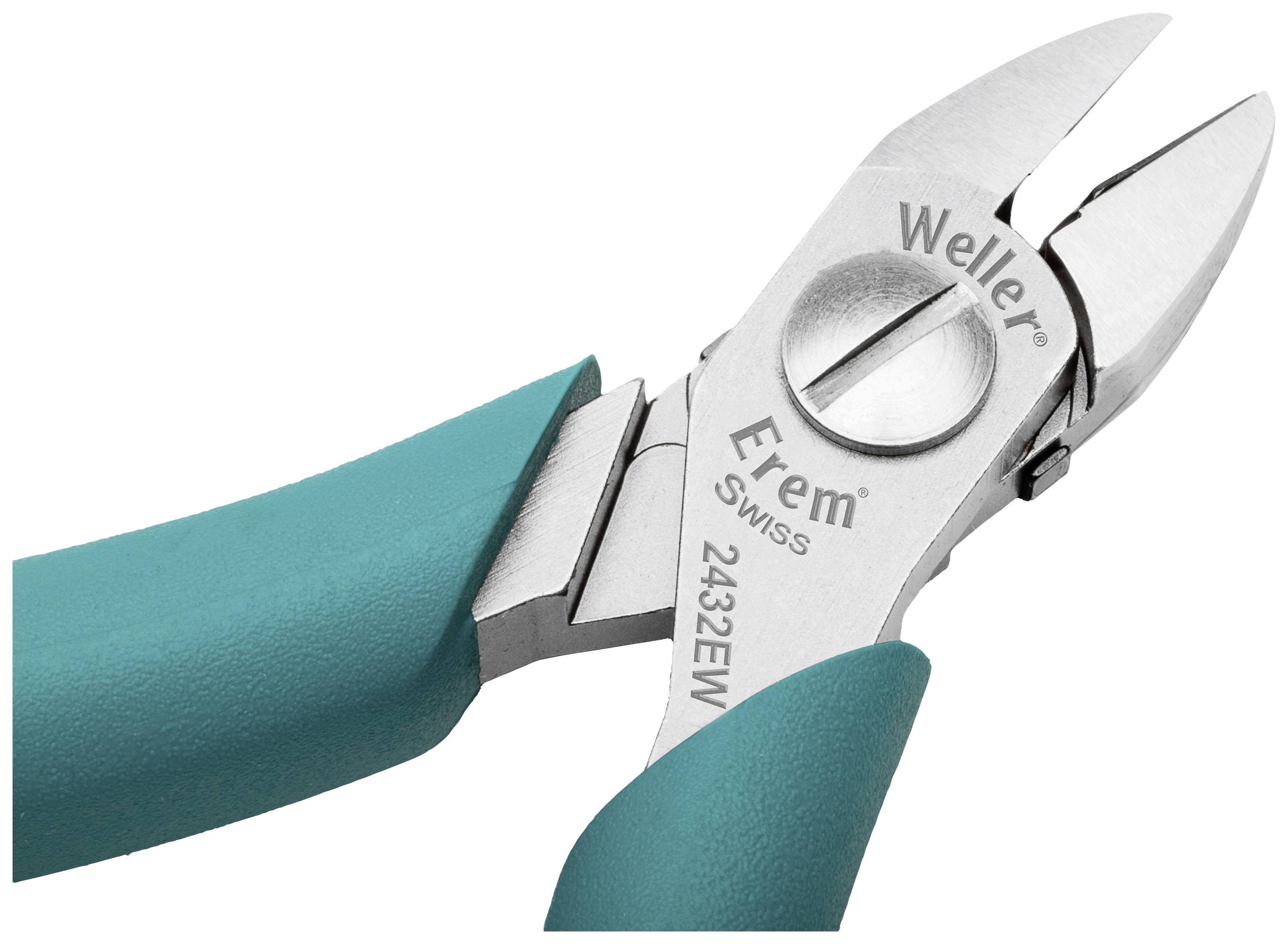 Eine Zange mit grünem Griff und der Aufschrift 'Weller Erem 2432EW Swiss' auf der Klinge, geeignet für präzise Schneidarbeiten.